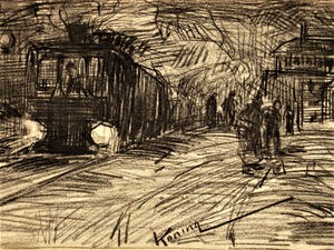 Arnold Koning - omstreeks 1890 - Houtskool - "Parijs figuren op perron - verso Frans landschap kopen? Bied vanaf 160!