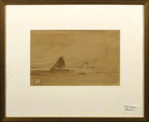 Arnoldus Johannes Eymer - Aquarel, Landschap met zeilboot en molen - Ingelijst verkocht voor € 35!