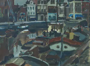 Marten Klompien - Gouache, Westerhaven Groningen - Ingelijst kopen? Bied vanaf 450!
