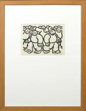 Bastiaan de Wit - Houtsnede op geschept papier, Z.T. Mannetjes - Ingelijst verkocht voor € 40!