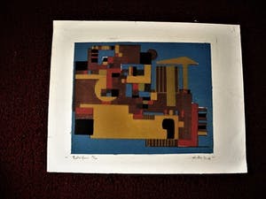 Wim Motz - Lithografie "Haven Rotterdam met tanker" en unica (8ex) Houtsnede "stilleven" kopen? Bied vanaf 29!