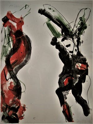 Ger Lataster - Grote abstracte litho - Groen, Oranje en Zwart - 1988 - exclusief ingelijst. kopen? Bied vanaf 10!