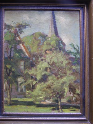 Niet of onleesbaar gesigneerd - Dorpsgezicht met kerktoren en bomen kopen? Bied vanaf 1!