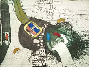 Michel van Overbeeke - Ets met bladgoud, Breaking down verkocht voor € 70!