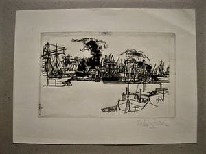 Wim Zwiers - Droge naald Ets - Rotterdam - Boten in de Haven - zeer kleine oplage! kopen? Bied vanaf 19!