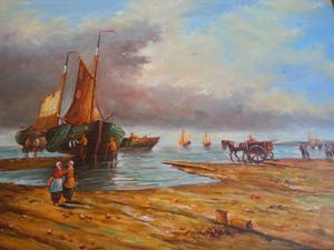 Niet of onleesbaar gesigneerd - P. Goossens , botters op het strand kopen? Bied vanaf 10!