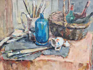 Niet of onleesbaar gesigneerd - Groot olieverf stilleven "schilders benodigdheden" gesigneerd - mooi ingelijst kopen? Bied vanaf 10!