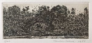 Simon Koene - Oerwoud met hut, jager en krokodil. kopen? Bied vanaf 20!