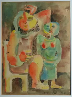 AcheterNiet of onleesbaar gesigneerd - Ingelijste aquarel & inkt , Man en Vrouw – gesigneerd – Lijst, 44 x 35 cm.? Enchérissez de 1!