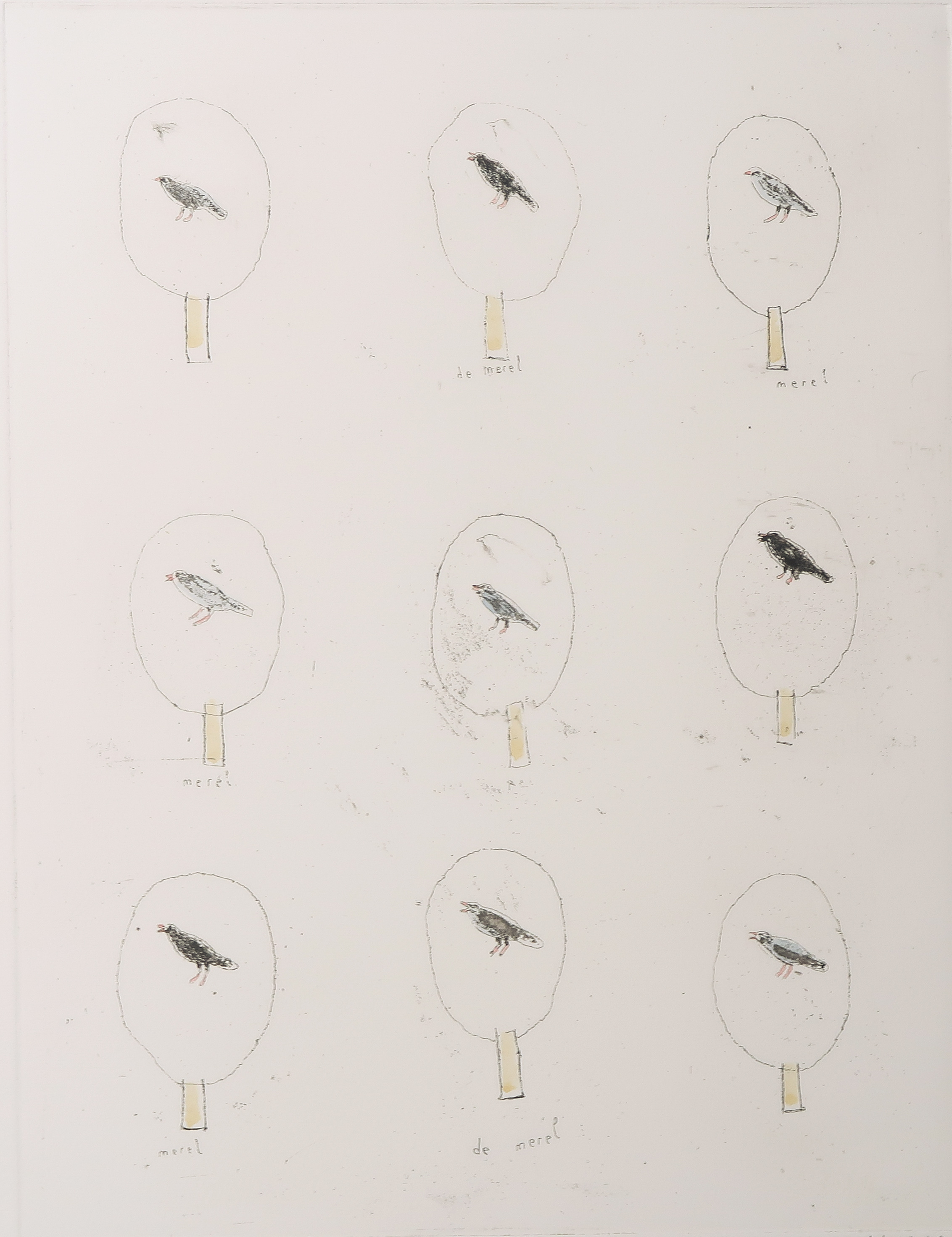 Hans Andringa - Grafiek Nu & Poëzie - Ets en aquarel, Merel + Gedicht van Eva Gerlach verkocht voor € 40!