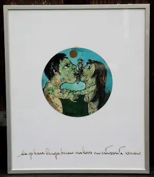 Ans Wortel - Ingelijste gemengde techniek: 'die op haar lange benen ons koos om ertussen...' kopen? Bied vanaf 225!