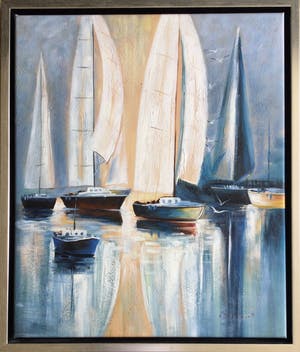 Berend Pasman - Zeilboten in haven | olieverfschilderij (in baklijst) kopen? Bied vanaf 125!