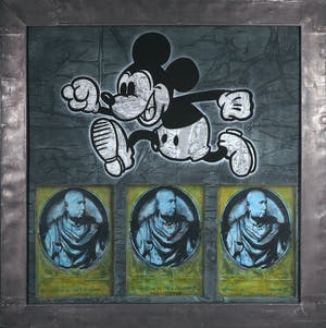 Jan Bollaert - Gemengde techniek op board, Mickey 3 koppen (Zeer Groot) kopen? Bied vanaf 100!