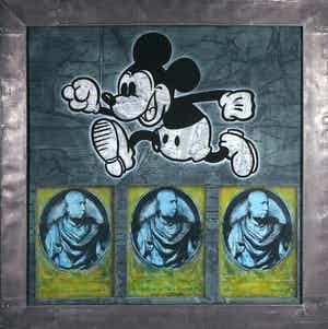 Jan Bollaert - Gemengde techniek op board, Mickey 3 koppen (Zeer Groot) verkocht voor € 100!