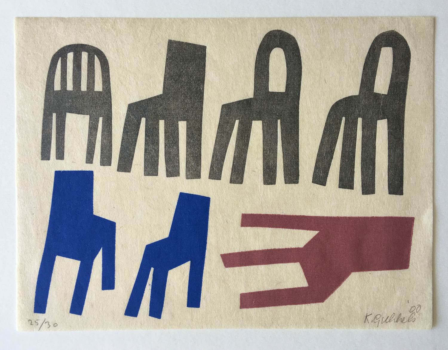 Klaas Gubbels - houtdruk ‘Stilleven met stoelen ’ - 2000 - oplage 30 verkocht voor € 350!