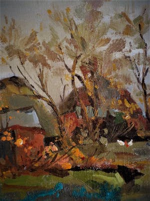 Niet of onleesbaar gesigneerd - Charmant impressionistisch olieverf(je) "Boerderij en kippen" monogram HP kopen? Bied vanaf 10!