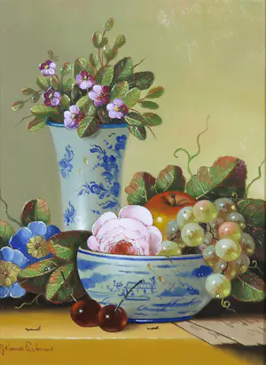 Johannes Eerdmans - Olieverf op paneel, Stilleven met fruit en bloemen kopen? Bied vanaf 300!