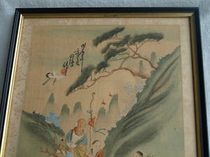 Niet of onleesbaar gesigneerd - Ingelijste gouache op zijde, Japan? China? , Figuren in berglandschap kopen? Bied vanaf 1!