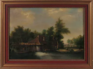 Niet of onleesbaar gesigneerd - Olieverf op doek, Landschap met waterrad - Ingelijst kopen? Bied vanaf 1!