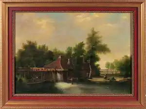 Niet of onleesbaar gesigneerd - Olieverf op doek, Landschap met waterrad - Ingelijst verkocht voor € 1!