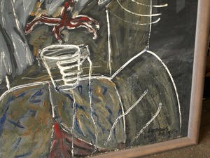 Hannes van Es - Zeer groot ingelijst schilderij (162 x 130 cm), “Zwarte vogel” – 1984 kopen? Bied vanaf 300!