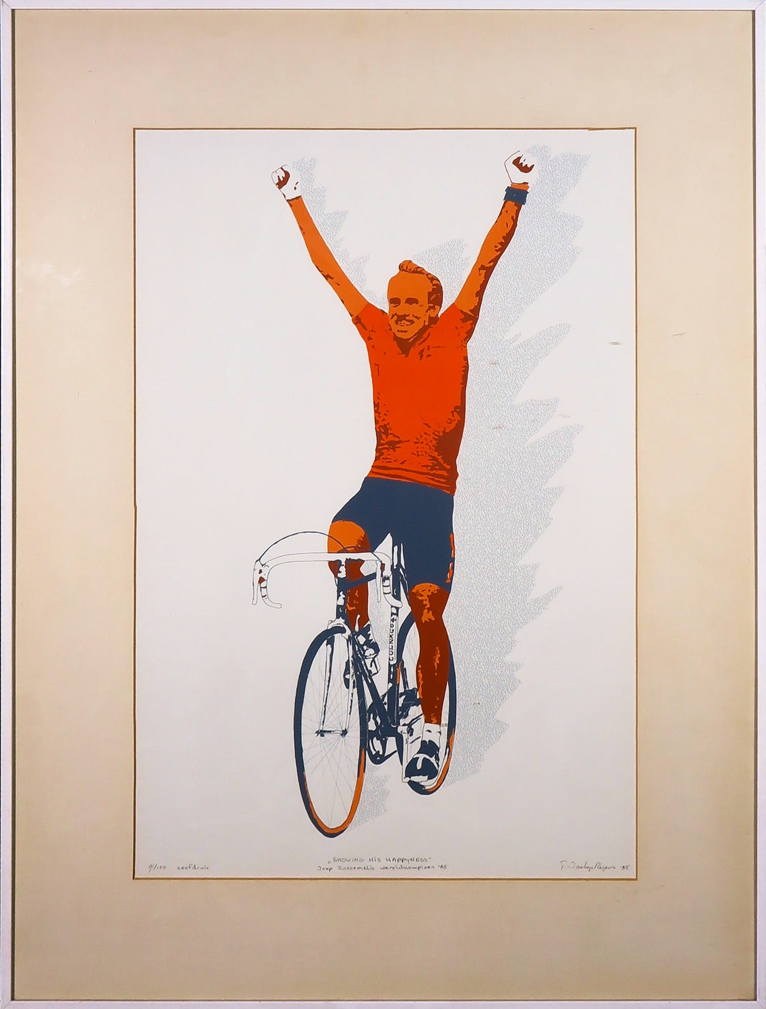 Tom Waakop Reijers - Zeefdruk, Showing his hapiness - Ingelijst verkocht voor € 50!