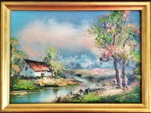 Henner Knauf - (1901-1974) boerderij aan het water, olieverf op doek verkocht voor € 35!