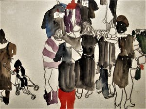 Karin Elfrink - Leuk jaren 80 Aquarel/Potlood "kleding kopen op de Albert Cuyp Amsterdam" kopen? Bied vanaf 1!