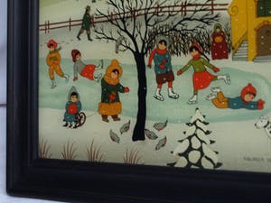 Renate Koblinger-Drobar - Achterglasschildering , Wintergezicht – gesigneerd & ingelijst – ca 1980 kopen? Bied vanaf 1!