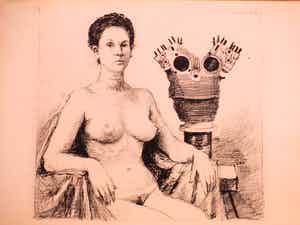 Aat Veldhoen - Naakte vrouw bij motorblokbeeld - Rotaprent verkocht voor € 50!