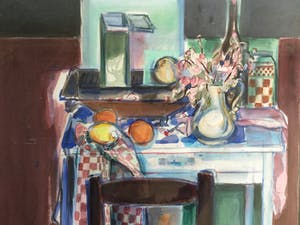 Tine van Diepen-Alderliefste - Stilleven op blauw tafeltje | Groot formaat kopen? Bied vanaf 100!