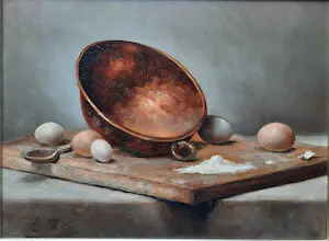 Niet of onleesbaar gesigneerd - L.Polak stilleven met ketel en eieren kopen? Bied vanaf 1!