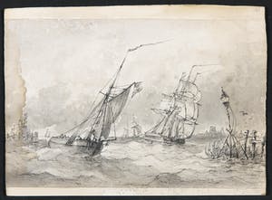 Ludolf Bakhuizen - Inkttekening, Gezicht op schepen kopen? Bied vanaf 1!