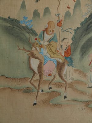 Niet of onleesbaar gesigneerd - Ingelijste gouache op zijde, Japan? China? , Figuren in berglandschap kopen? Bied vanaf 1!