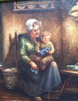 Dirk Kubbe - Boereninterieur met moeder kind. kopen? Bied vanaf 50!