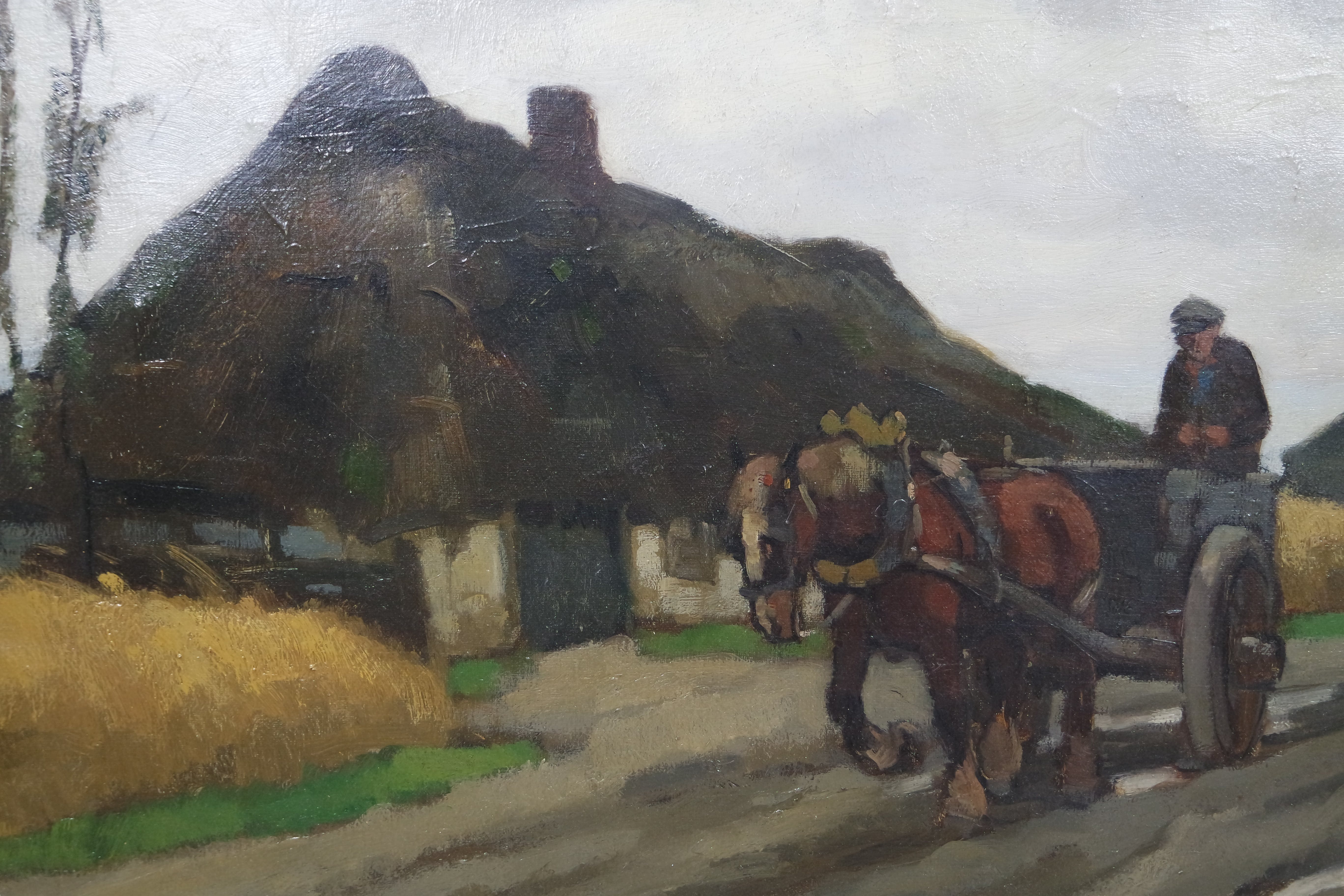 Cor Noltee - olieverf op doek - boerderij en boer met paard en wagen verkocht voor € 725!