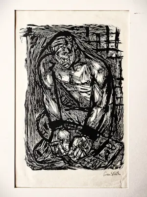 Lou Strik - Grote monochrome Hout/Linosnede "geketende slaaf" potlood-gesigneerd kopen? Bied vanaf 37!