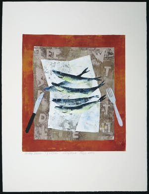 Betty Scheer - Linosnede, 5 Vissen kopen? Bied vanaf 35!