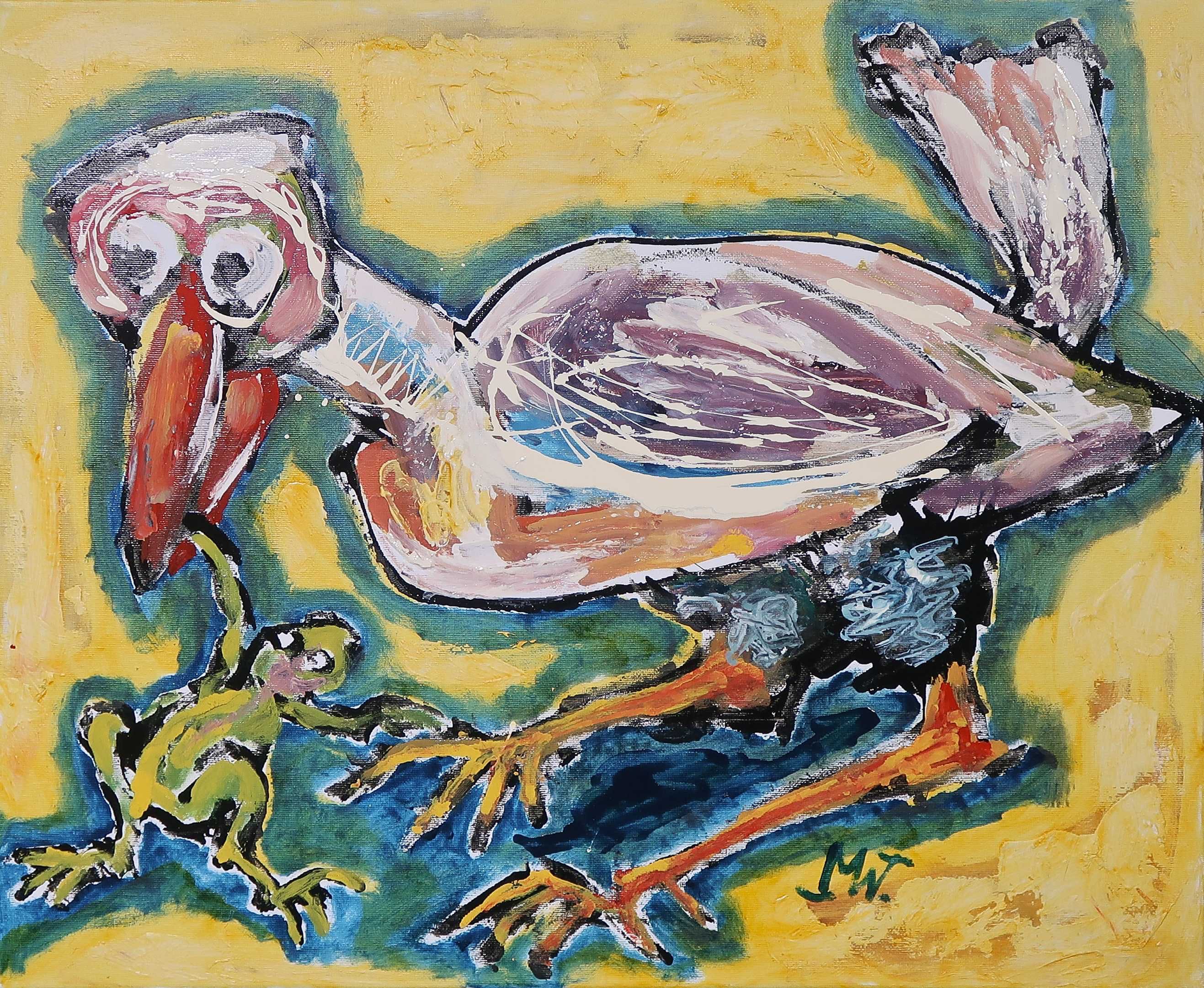 Martin van Wordragen - Gemengde techniek op doek, Vogel met kikker - Ingelijst kopen? Bied vanaf 300!