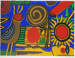 Corneille - Zeefdruk, Vrouw met vogel en zonnebloem - Ingelijst kopen? Bied vanaf 300!