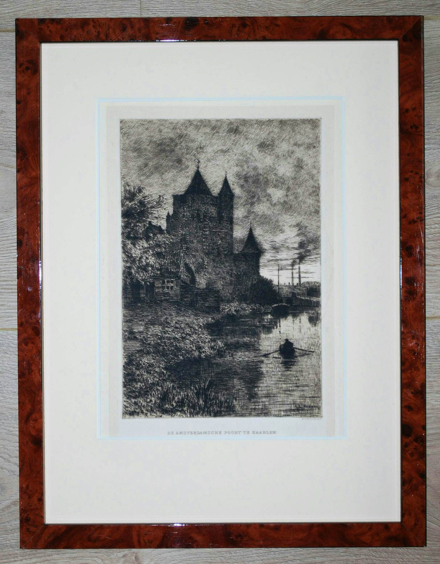 Anton L. Koster - Amsterdamse Poort te Haarlem - mooi ingelijste ets kopen? Bied vanaf 30!