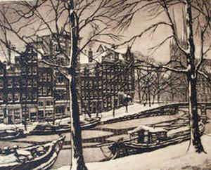 Cornelis Brandenburg - Ets: Amsterdam in de winter verkocht voor € 75!