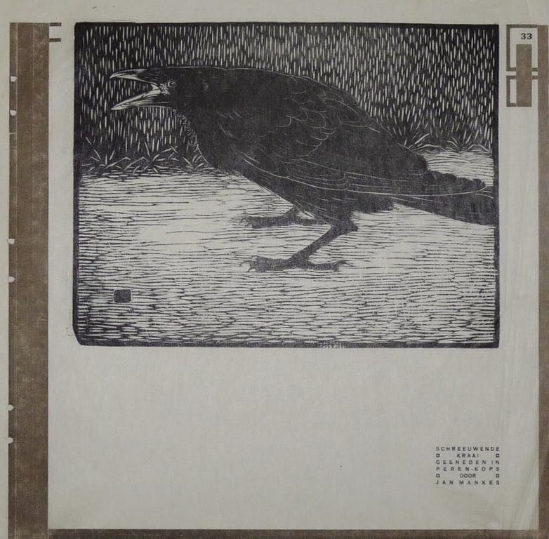 Jan Mankes - Houtsnede, Schreeuwende kraai, Monogram in blok, 1919 verkocht voor € 375!