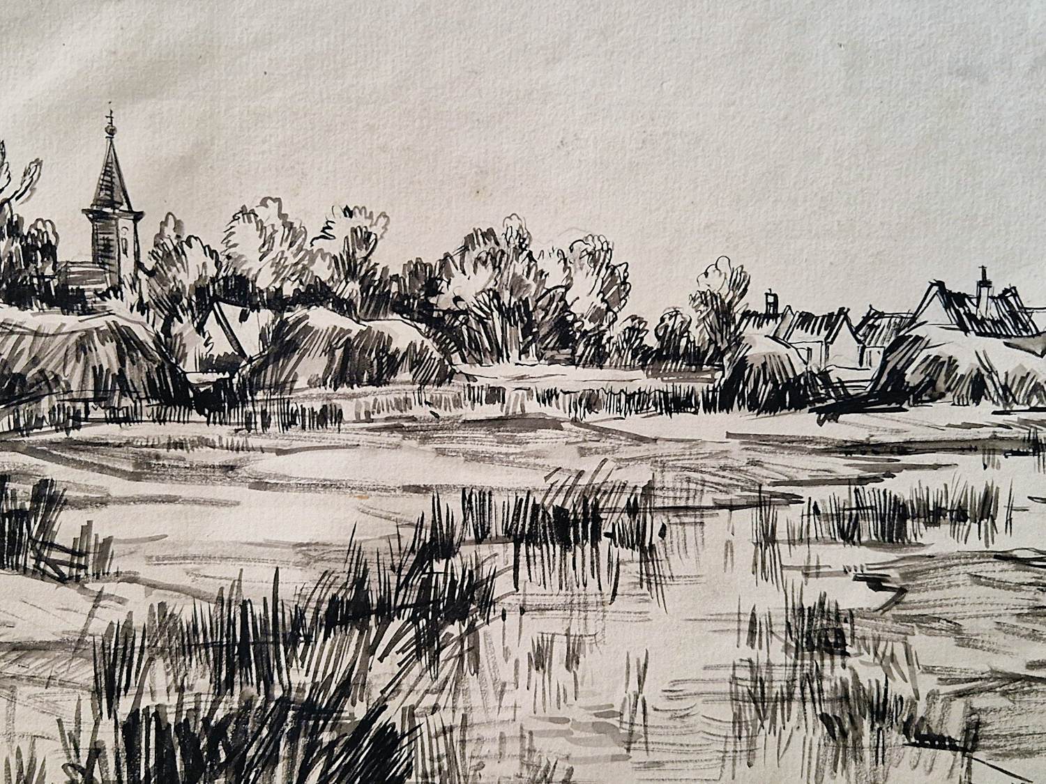 Carel Nicolaas Storm van 's-Gravesande - grote inkt-tekening - ca. 1900 - weids Hollands landschap - gesigneerd kaufen? Bieten Sie von 39!