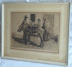 Louis Bron - Ets, Straatverkoper met ezel - gesigneerd & ingelijst – ca 1925 kopen? Bied vanaf 35!