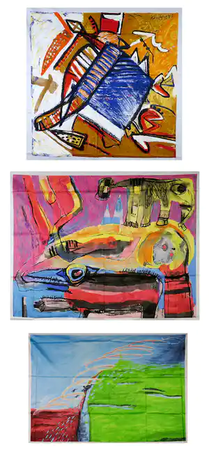 Geert Vrijdag - Hans Landsaat + Theo Kuijpers, Lot van 3 zeefdrukken op katoenzijde (texoprint) verkocht voor € 50!