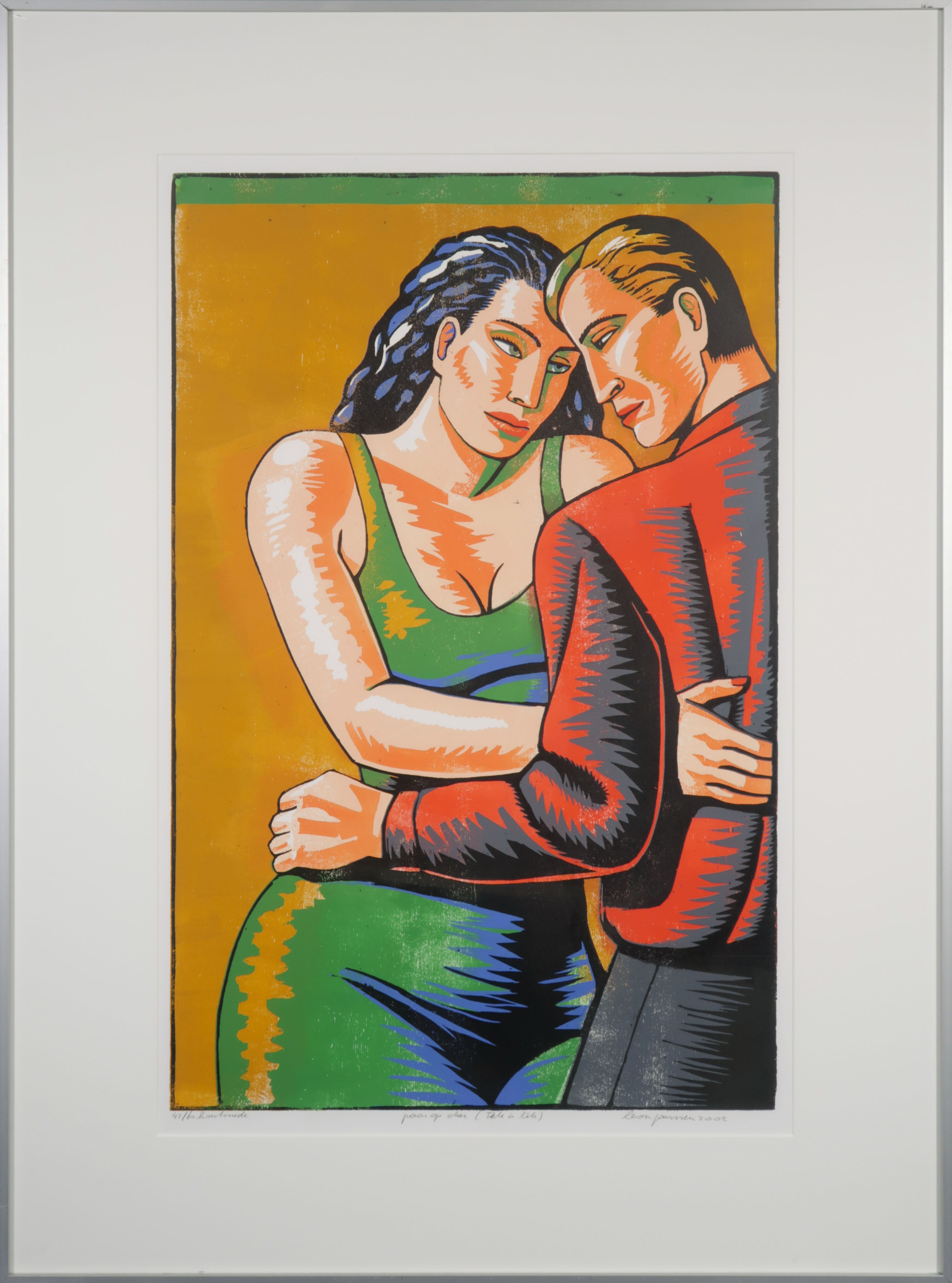 Leon Janssen - Houtsnede, Paar op oker (Tête-à-tête) - Ingelijst verkocht voor € 80!