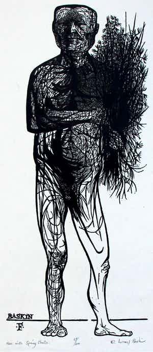 Leonard Baskin - Houtgravure: Man with spring plants verkocht voor € 110!
