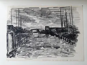 Hugo Liebe - Krijttekening, Haventje te Rijpwetering bij avond. kopen? Bied vanaf 20!