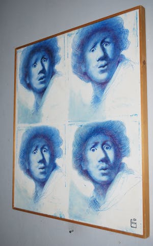 De Kunstfabriek - Rembrandt, zelfportret 4x in blauw - groot olieverfschilderij kopen? Bied vanaf 195!